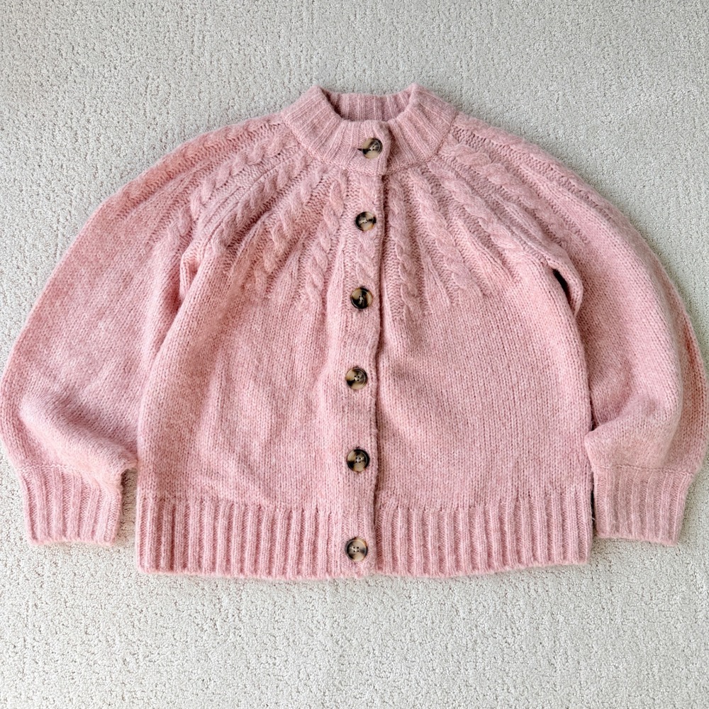 Madewell Harwood Cableknit Mockneck Cardigan Sweater Heather Blush Pink NC660 XS
